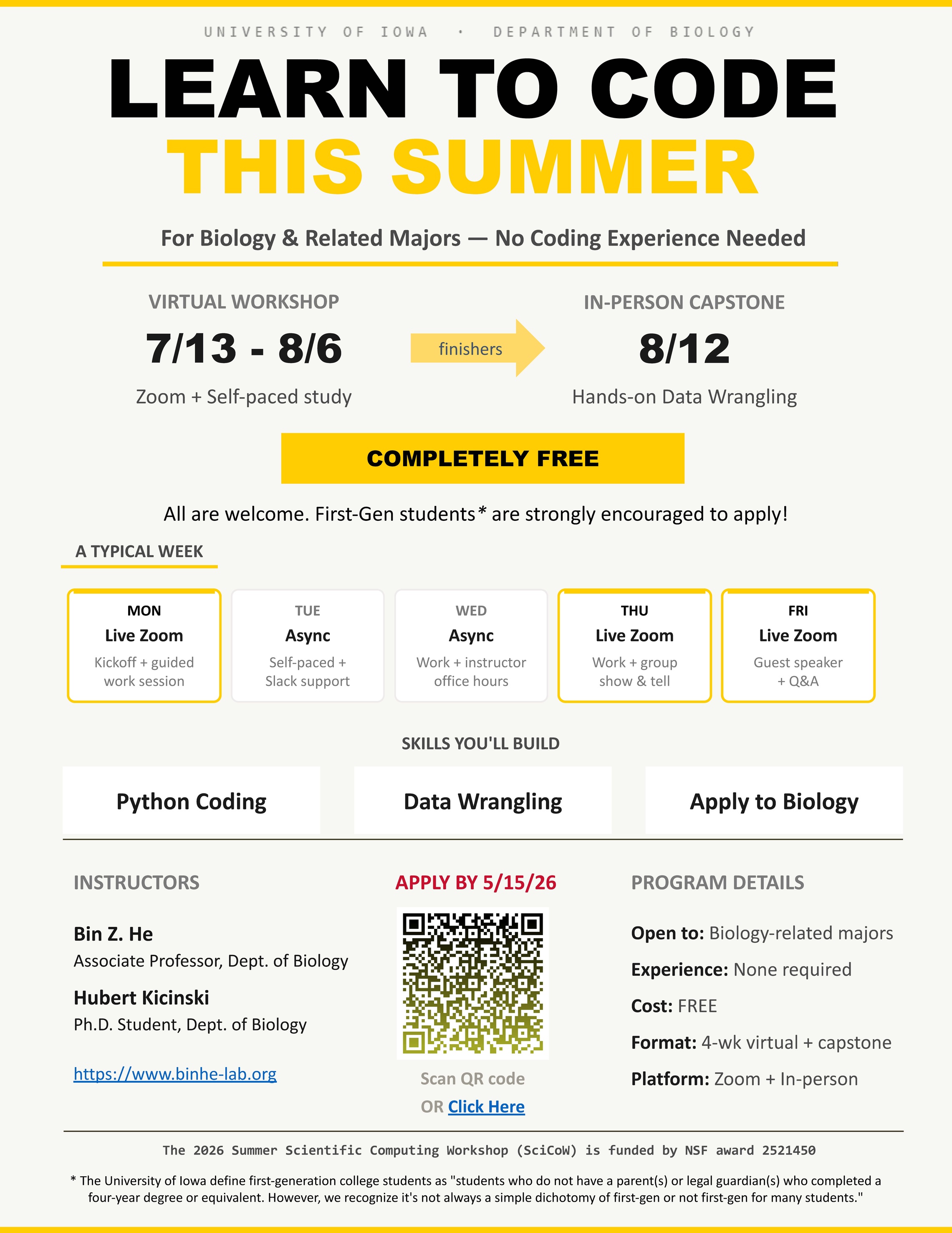 Summer 2026 Free Coding Workshop flyer
